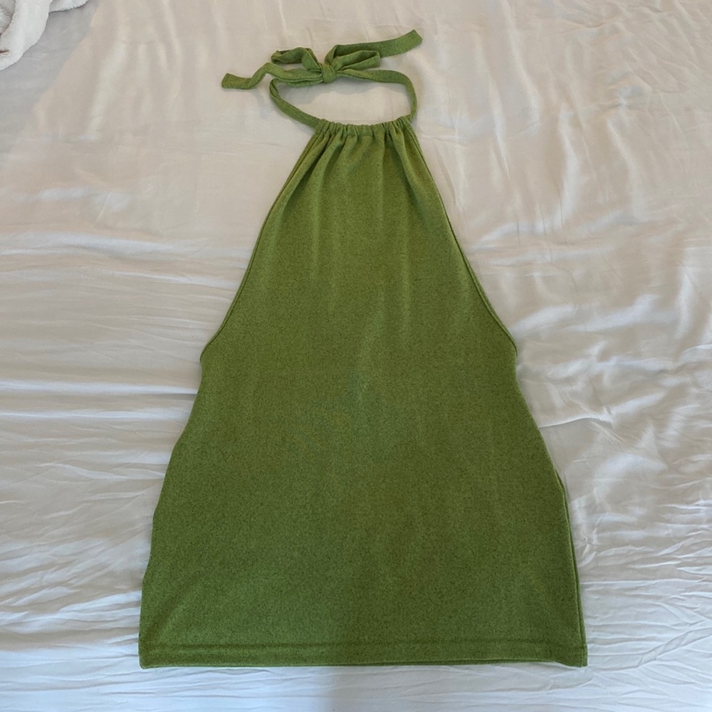 Green halter dress with open back